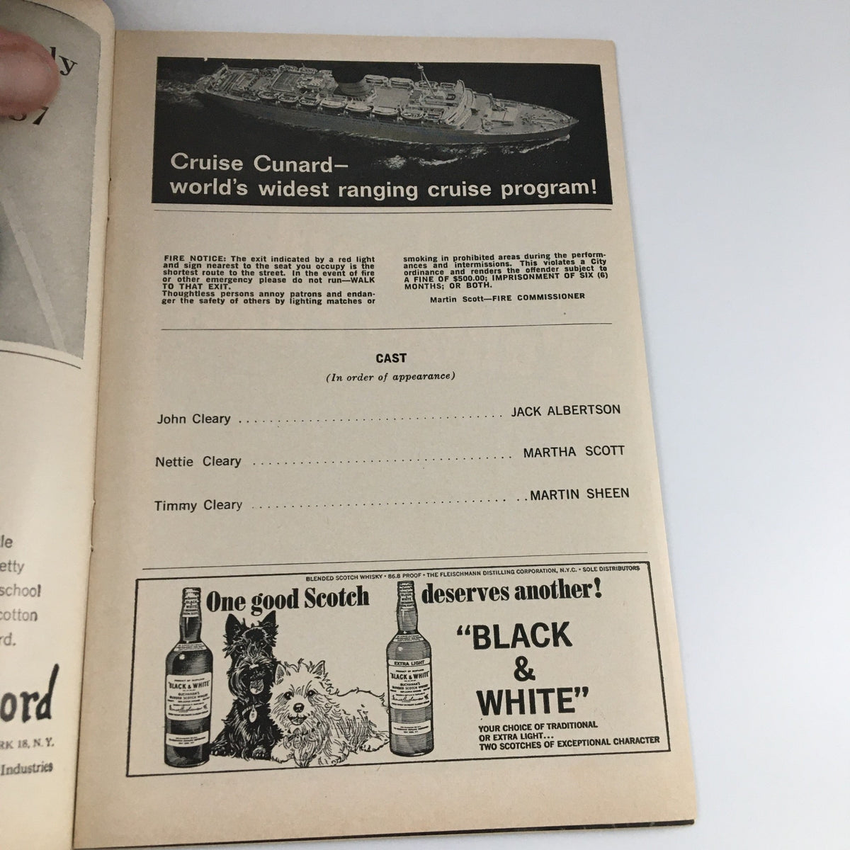 Inside page of the 1965 Playbill for 'The Subject Was Roses' featuring cast list including Jack Albertson, Martha Scott, and Martin Sheen.