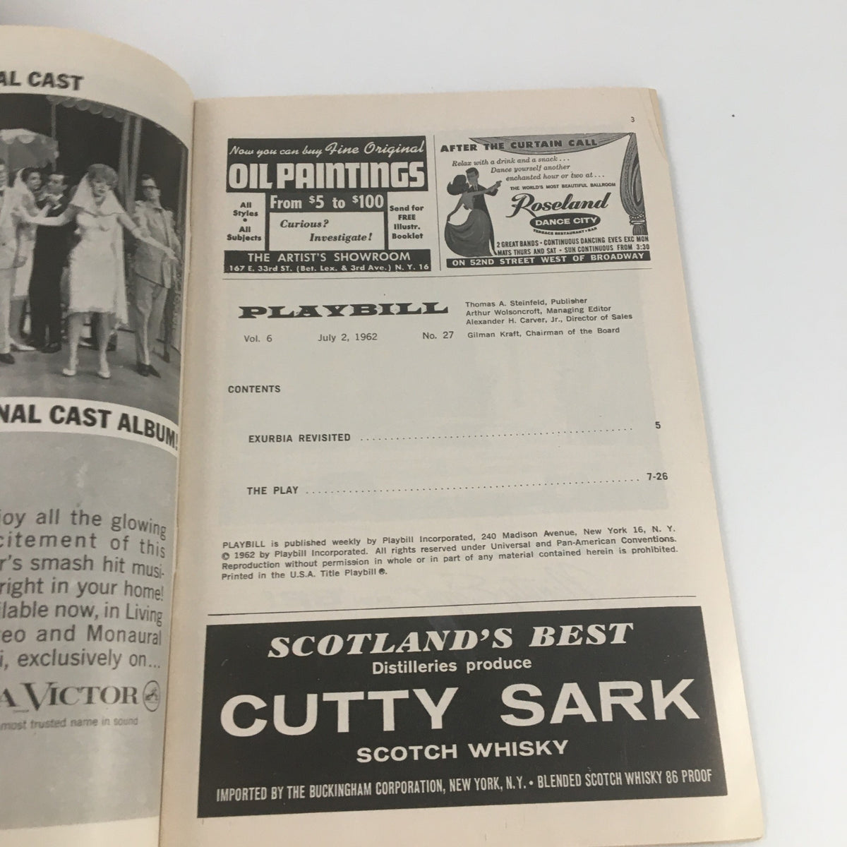 Inside page of the 1962 Playbill for 'Carnival' at the Imperial Theatre featuring production details and notable performances.