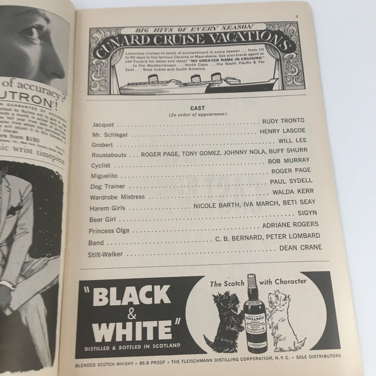 Cast list page of the 1962 Playbill for 'Carnival' at the Imperial Theatre, featuring the ensemble and roles in the musical.