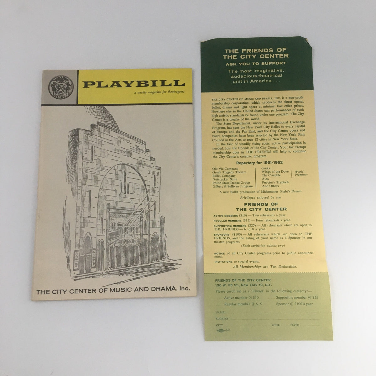Inside view of the 1961 Playbill from New York City Opera 'La Boheme' alongside informational pamphlet from The Friends of the City Center.