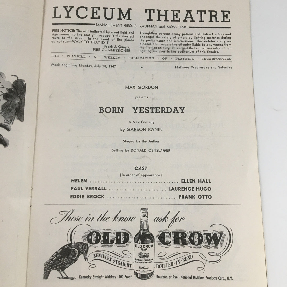 Interior page of the 1947 Playbill for 'Born Yesterday' at the Lyceum Theatre outlining the cast and production details.