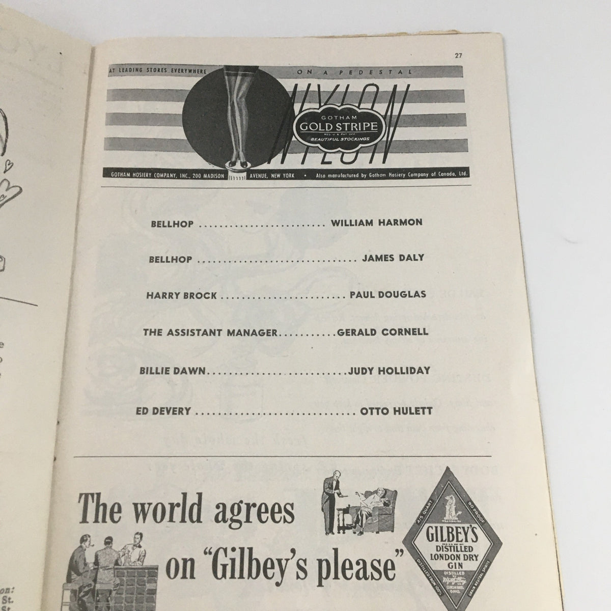 Cast list and advertisement in the 1947 Playbill for 'Born Yesterday' at Lyceum Theatre, featuring Gotham Gold Stripe stockings advertisement.