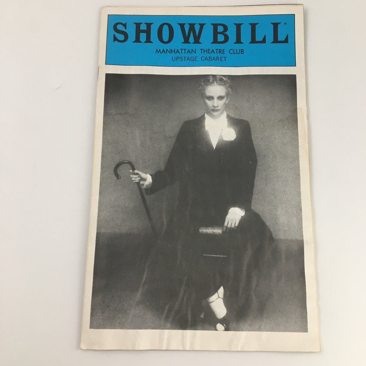 1979 Showbill Manhattan Theatre Club 'Upstage Cabaret' featuring a black and white image of a woman in formal attire sitting with a cane.