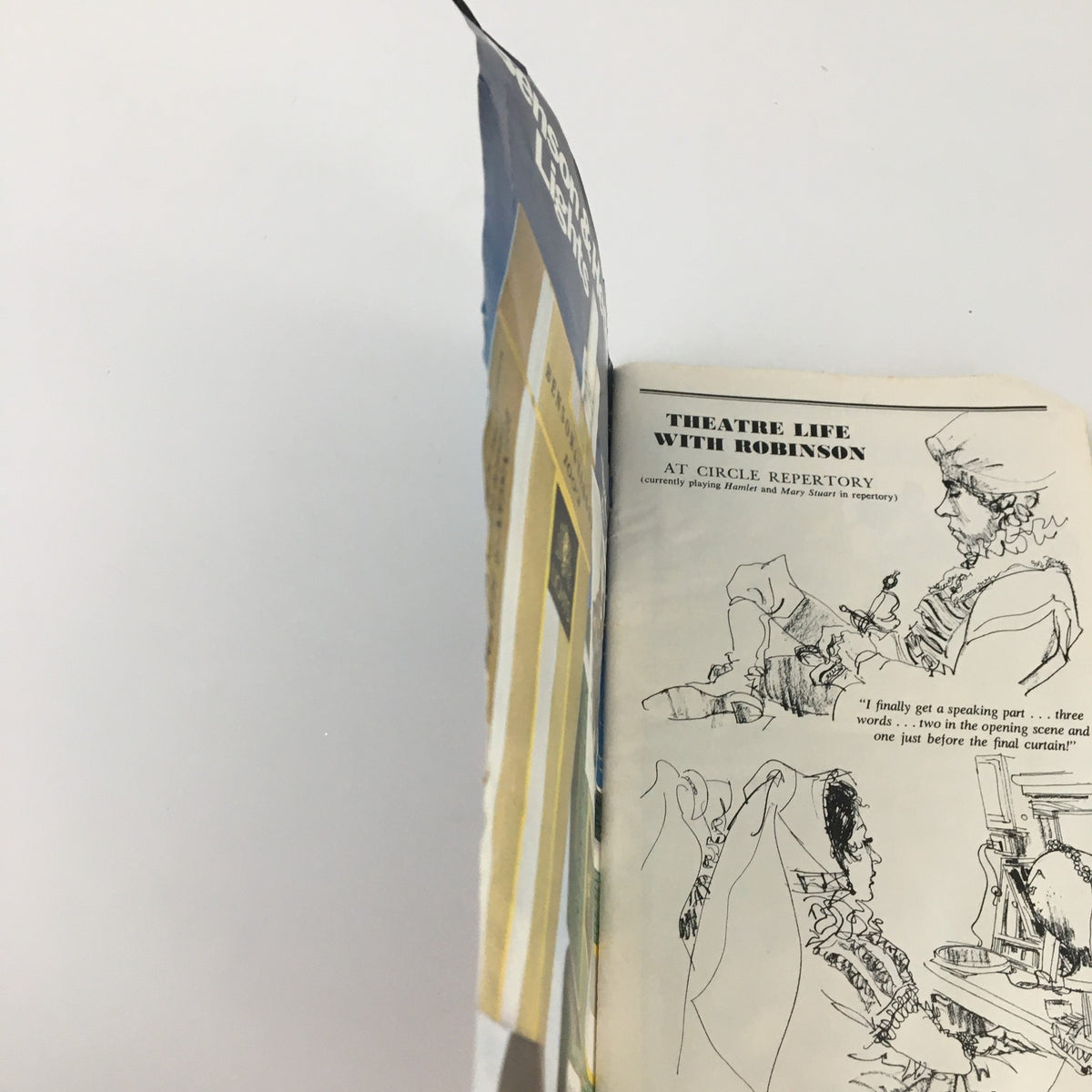 Illustrated page showcasing drawings and text from the 1980 Showbill Manhattan Theatre Club 'Endgame' featuring Theatre Life with Robinson.
