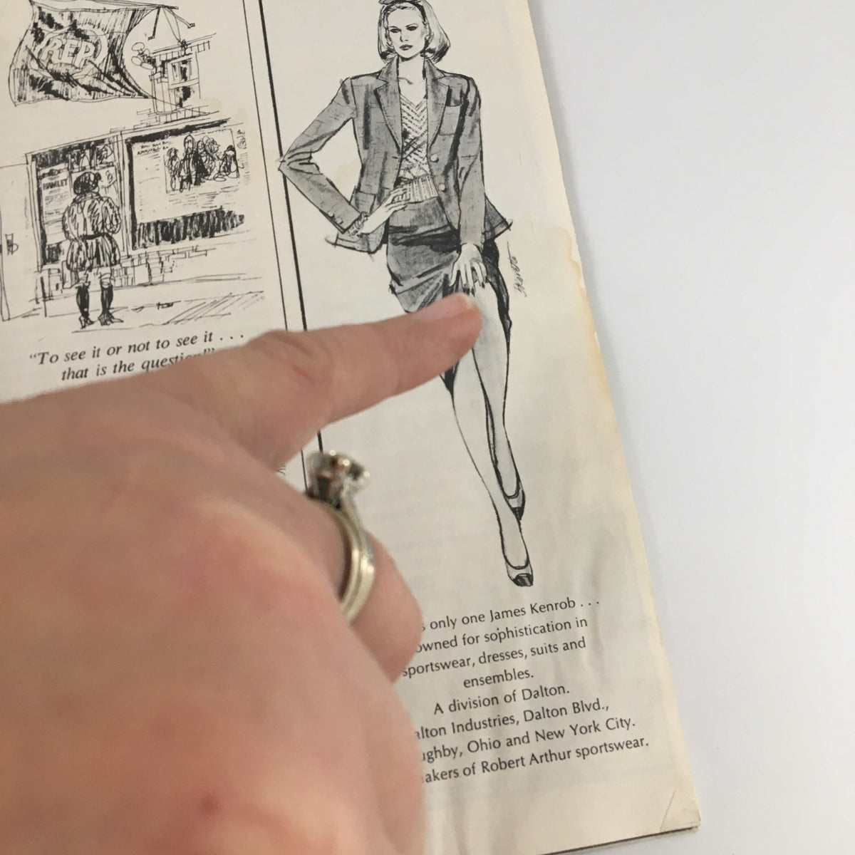 Image of a fashion model illustration pointing to text in the 1980 Showbill Manhattan Theatre Club 'Endgame' James Barbosa, Michael Gross.