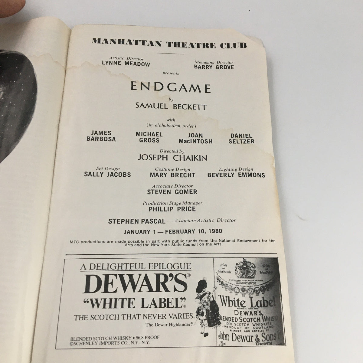 Title page of the 1980 Showbill Manhattan Theatre Club 'Endgame' detailing production credits, including James Barbosa and Michael Gross.