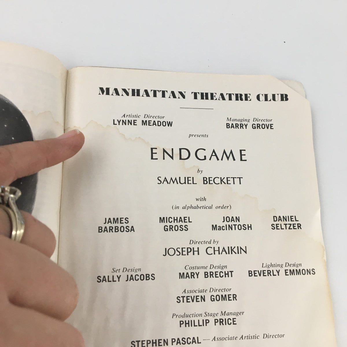 Inside page of the 1980 Showbill Manhattan Theatre Club 'Endgame' showing production details and names involved, with visible wear on the edges.