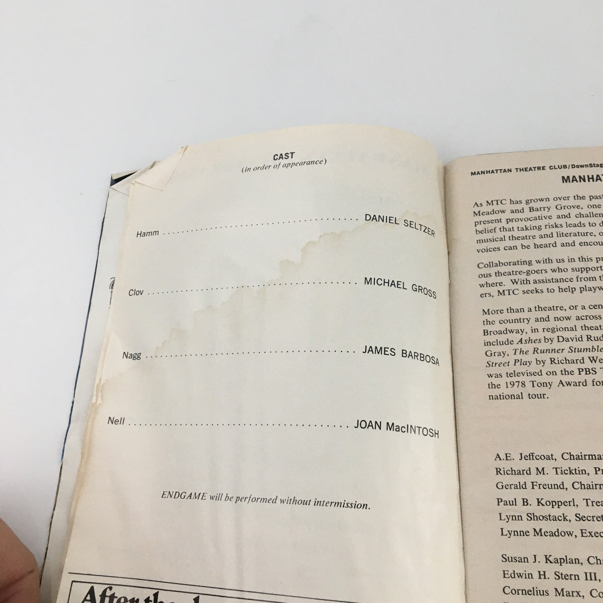 1980 Showbill Manhattan Theatre Club 'Endgame' featuring the cast list including Michael Gross and James Barbosa. The image shows a worn, damaged showbill with noticeable wear and tear, including a rip and discoloration.