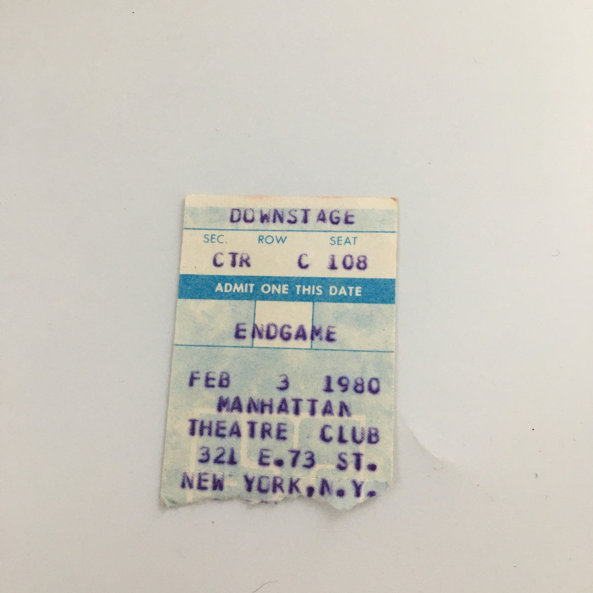 Original ticket for the 1980 production of 'Endgame' at the Manhattan Theatre Club, dated February 3, 1980. The ticket details include the seat number C 108 and location information.