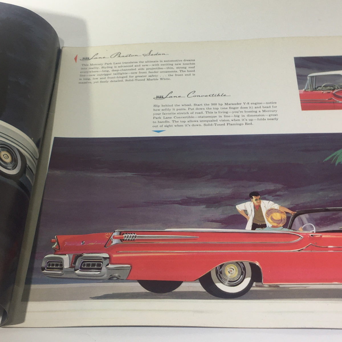 Interior page of the 1958 Mercury Monterey Montclair Park Lane Convertible Marauder Car Catalog showcasing a red convertible model with a stylish illustration and details.