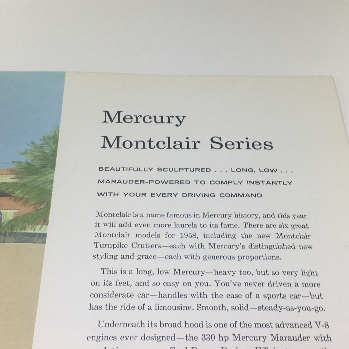 Another interior page of the 1958 Mercury Monterey Montclair Park Lane Convertible Marauder Car Catalog highlighting the Mercury Montclair Series with a description of its features.