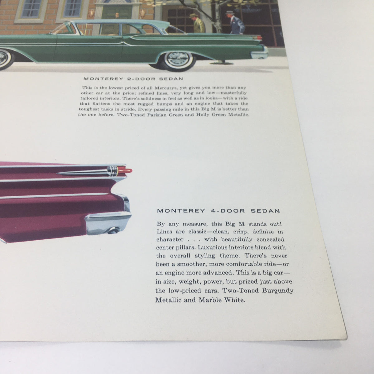 Image from the 1958 Mercury Monterey Montclair Park Lane Convertible Marauder car catalog, featuring details on the Monterey 2-Door Sedan and Monterey 4-Door Sedan.