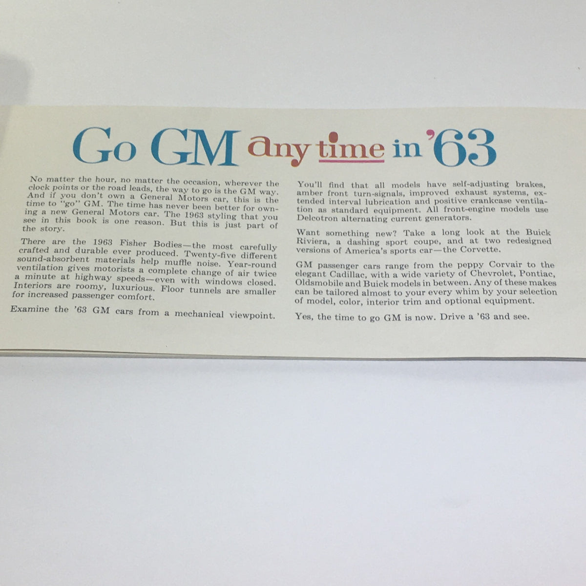 Inside page of Vintage Go GM Any Time in the year 1963 Chevrolet-Pontiac-Buick Car Catalog, detailing story and background on the '63 GM cars.