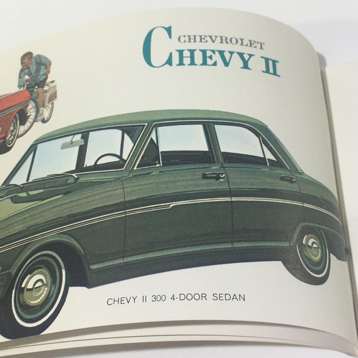 Illustration of a Chevy II 300 4-door sedan from Vintage Go GM Any Time in the year 1963 Chevrolet-Pontiac-Buick Car Catalog.