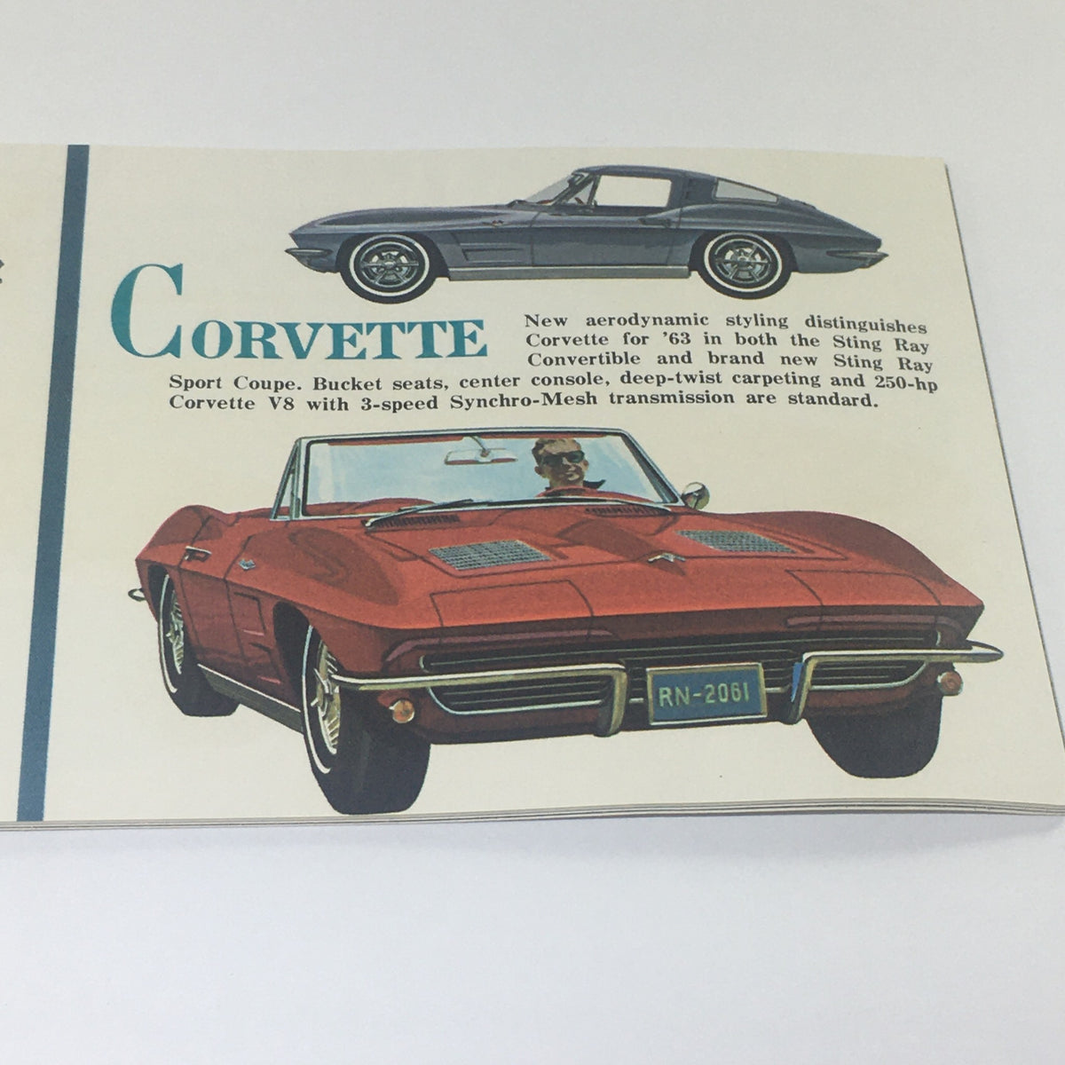 Vintage Go GM Any Time in the year 1963 Chevrolet-Pontiac-Buick Car Catalog showcasing the Corvette with aerodynamic styling, featuring the Sting Ray models in red and blue.