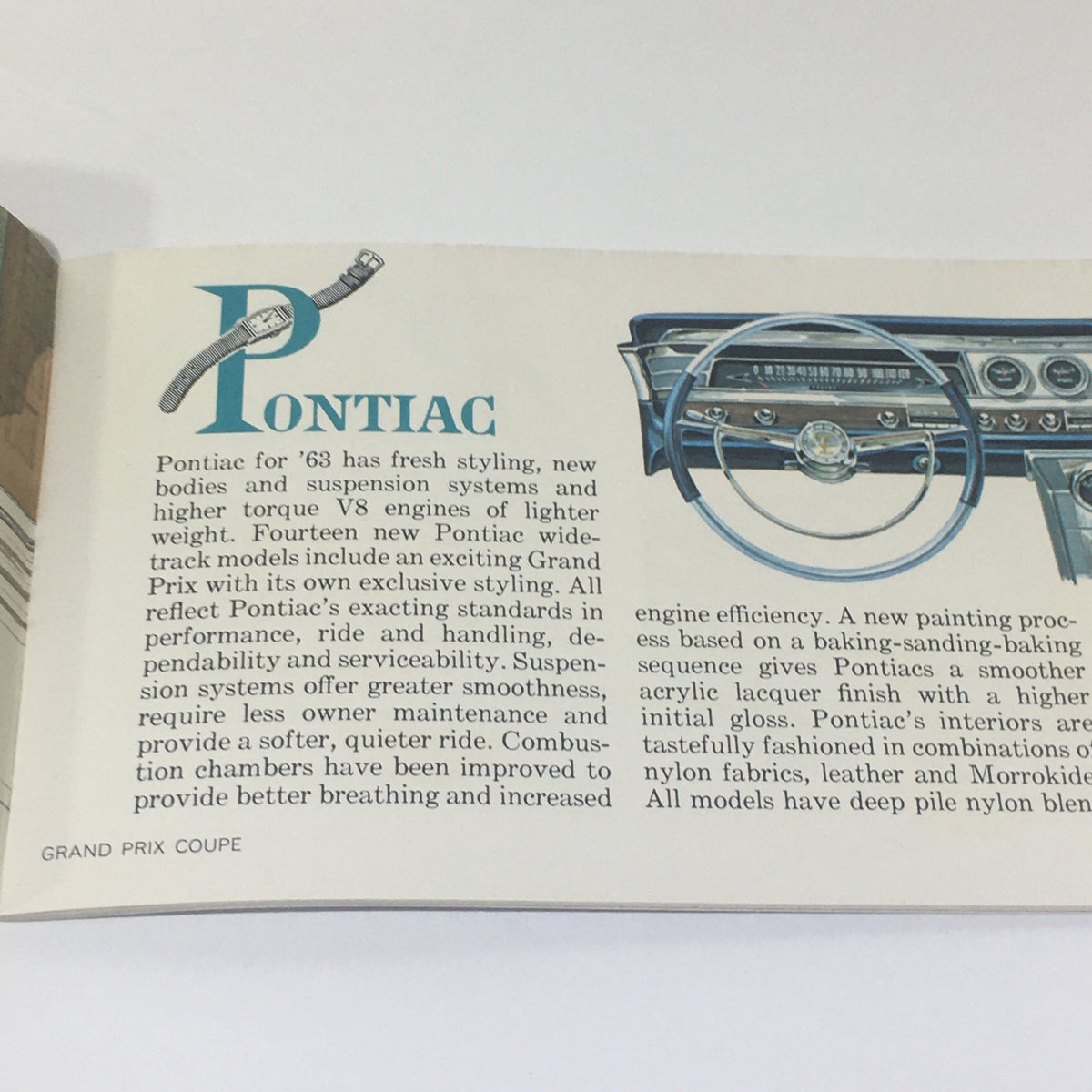 Vintage Go GM Any Time in the year 1963 Chevrolet-Pontiac-Buick Car Catalog highlighting Pontiac with detailed descriptions of the new Grand Prix coupe and its ride and handling attributes.