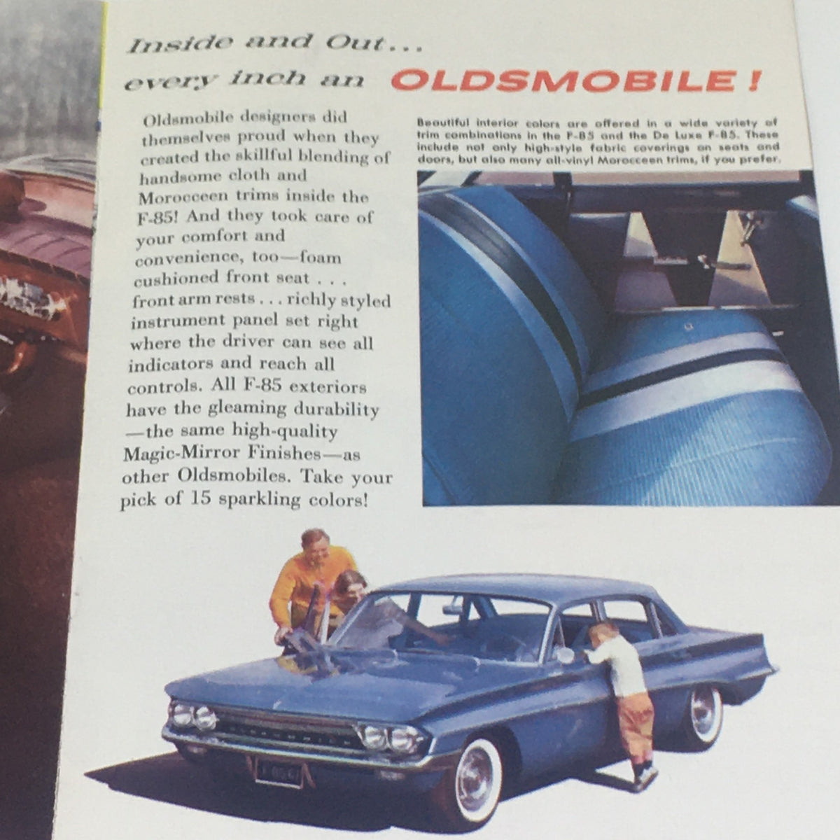 Vintage 1961 De Luxe F85 by Oldsmobile brochure showcasing interior design and comfort features, highlighting the car's luxurious options.