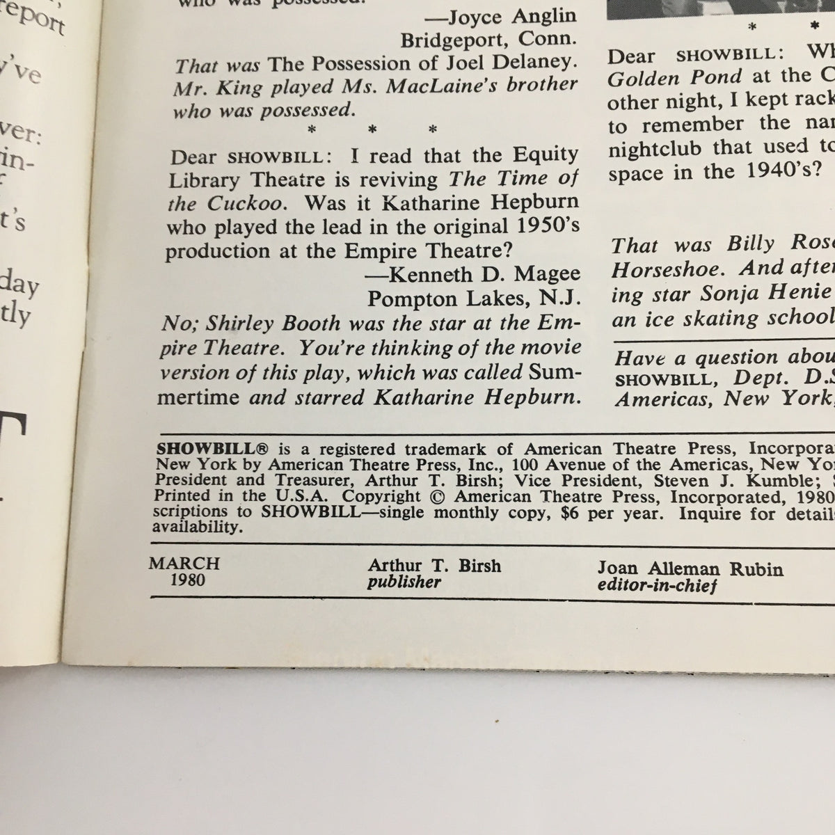 Interior page of the 1980 Showbill from Manhattan Theatre Club with articles and insights about theatre, dated March 1980.