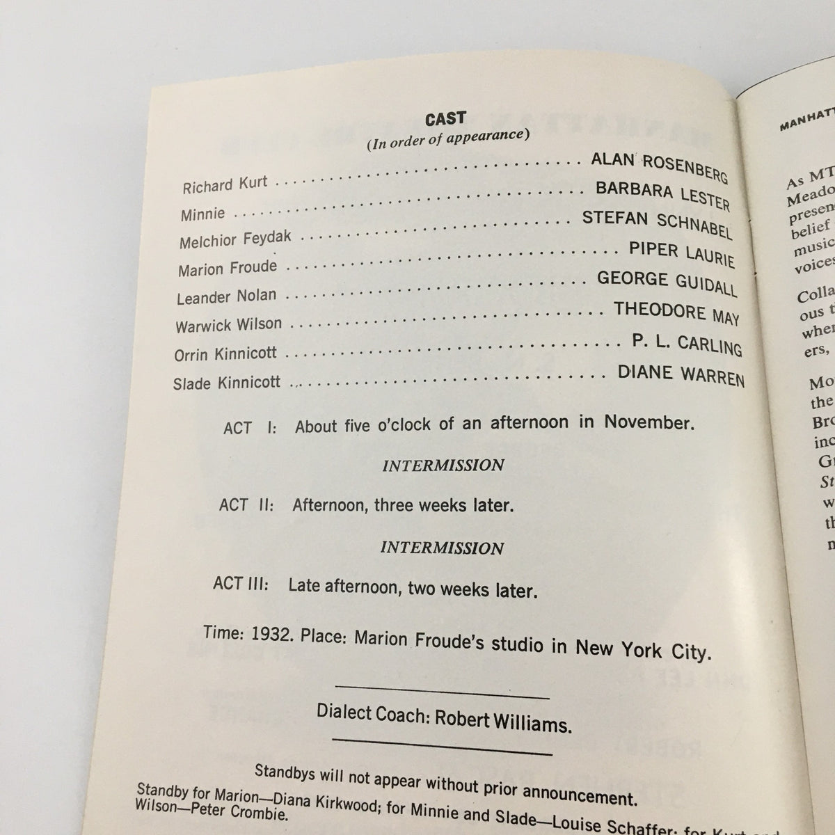 Detailed scene structure and cast roles from the 'Biography' section of the 1980 Showbill, showcasing historical theatre elements.