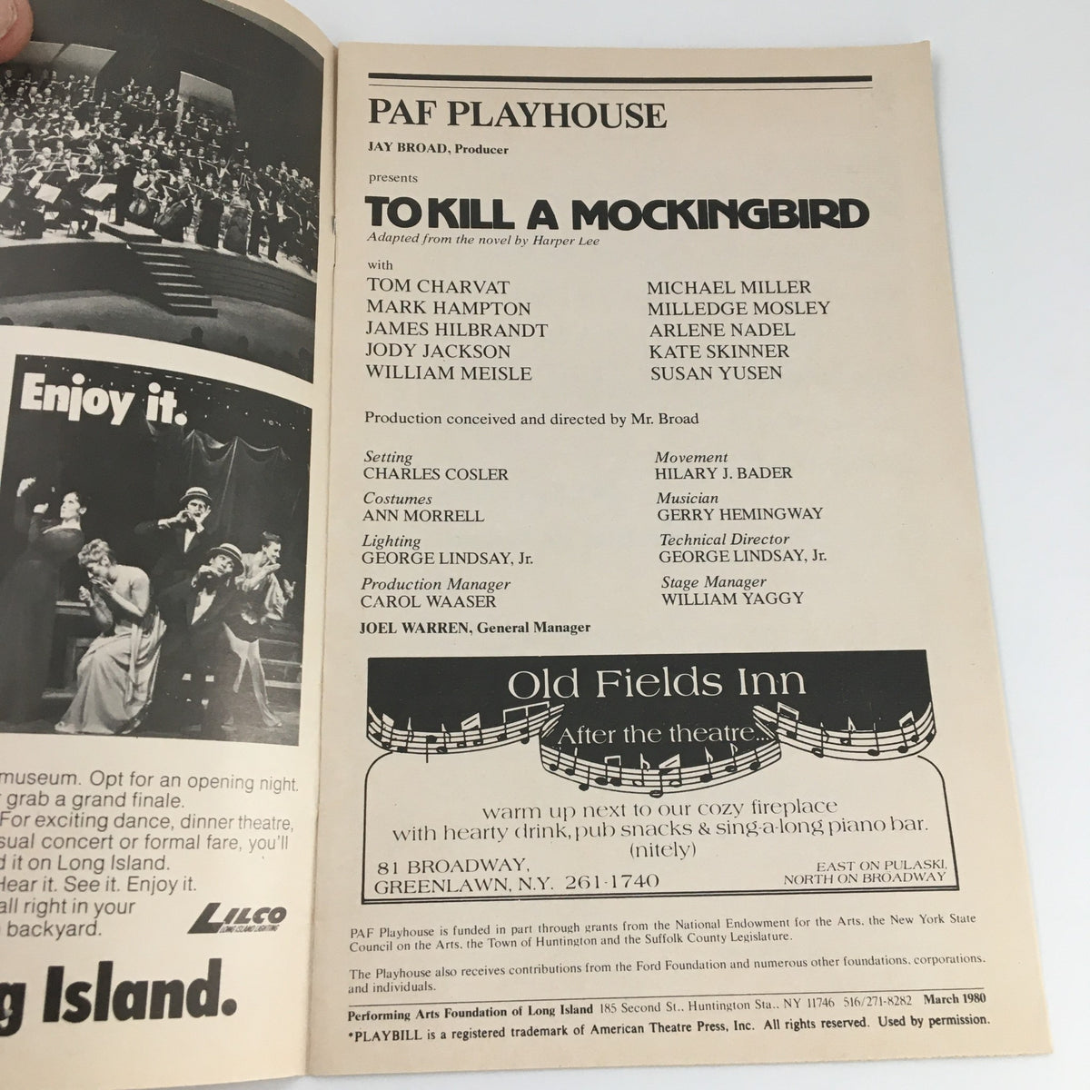 Inside view of the 1980 Playbill for 'To Kill A Mockingbird' at PAF Playhouse, listing cast members including Tom Charvat and Susan Yusen.