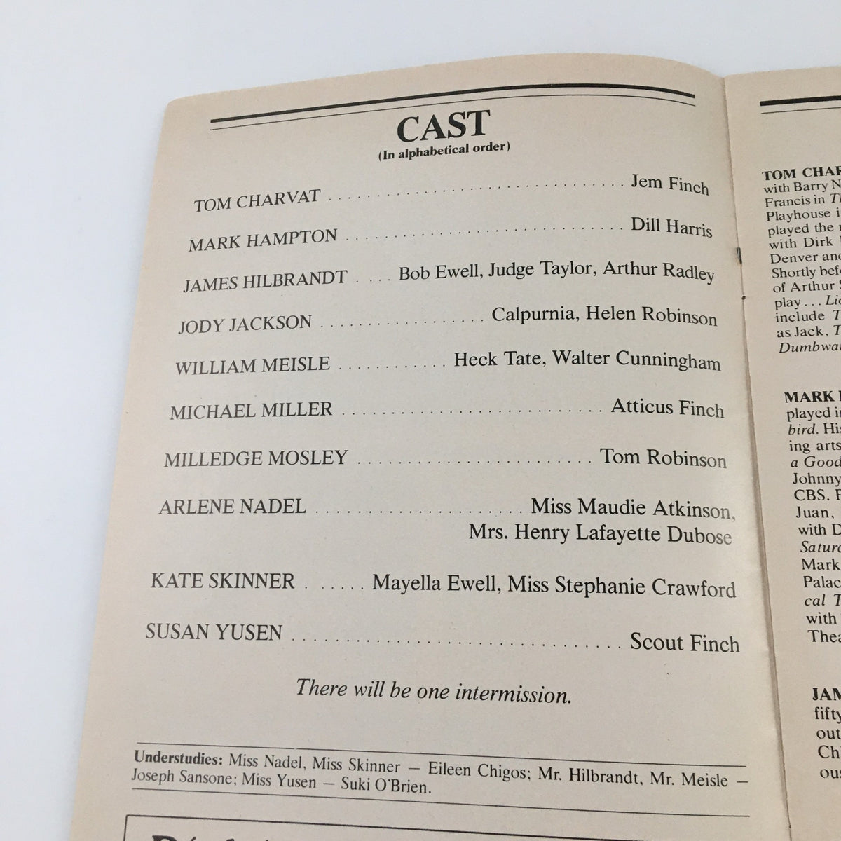 Cast list in alphabetical order from the 1980 Playbill for 'To Kill A Mockingbird' featuring actors such as Tom Charvat and Susan Yusen.