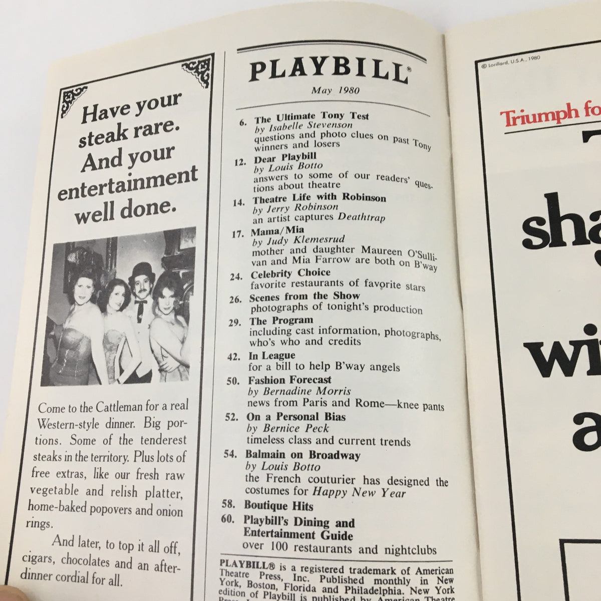 Interior page of the 1980 Playbill from Cort Theatre production 'Home', featuring listings and acknowledgments from the May 1980 edition.