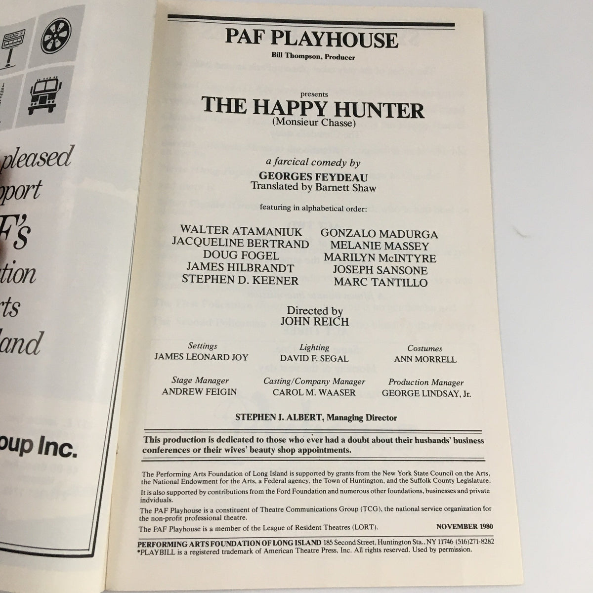 Inside page of the 1980 Playbill for 'The Happy Hunter' showcasing the cast and creative team including Walter Atamaniuk and Marc Tantillo.