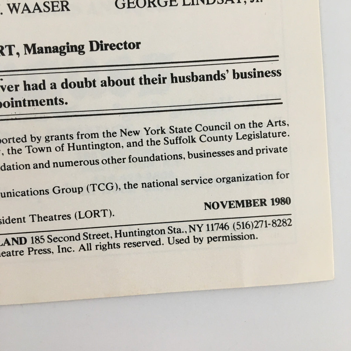 A detailed page from the 1980 Playbill for 'The Happy Hunter' discussing the production credits and director's notes.