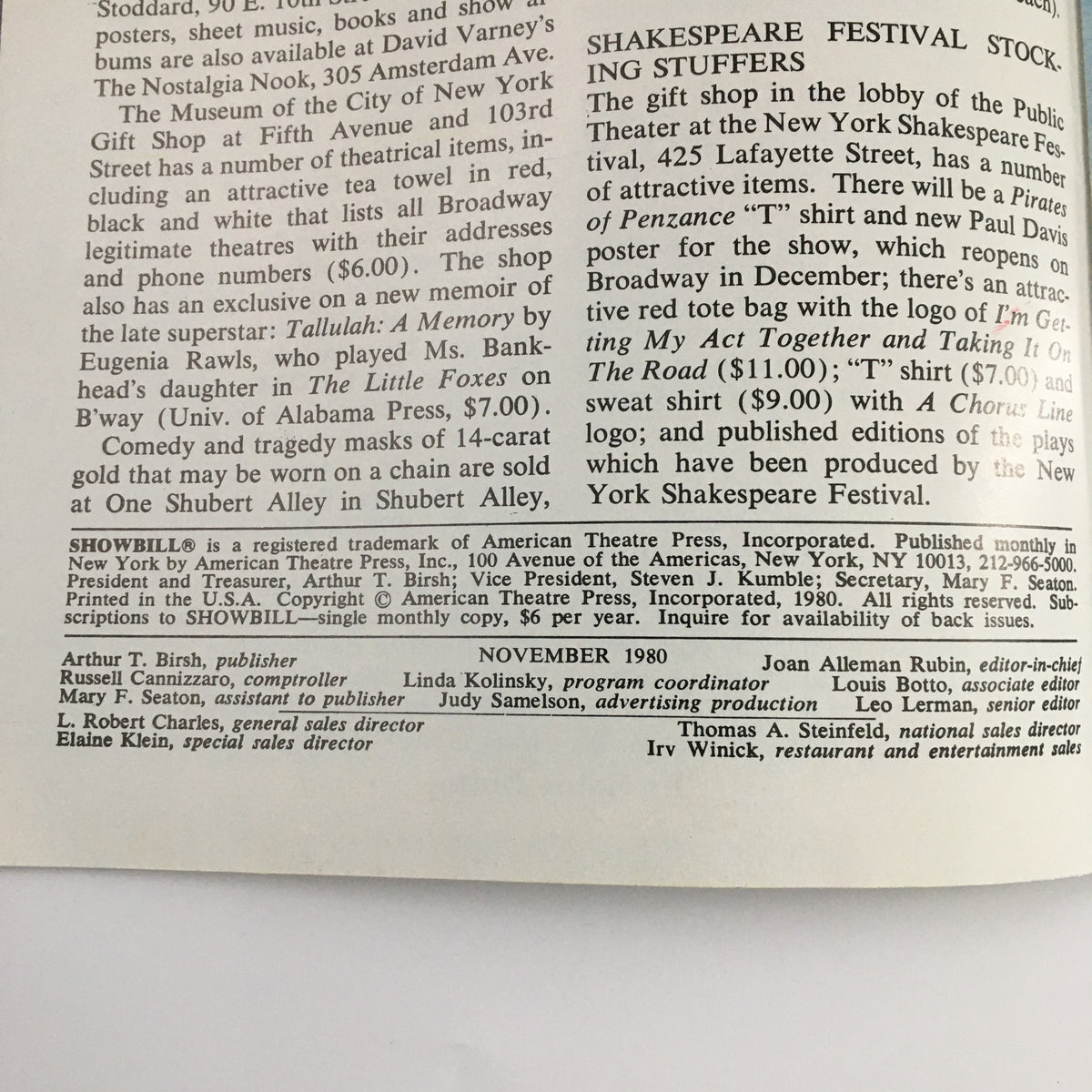 Back cover of the 1980 Showbill for The Village Gate featuring 'Scrambled Feet', displaying advertisements and production credits, representing vintage theater memorabilia.