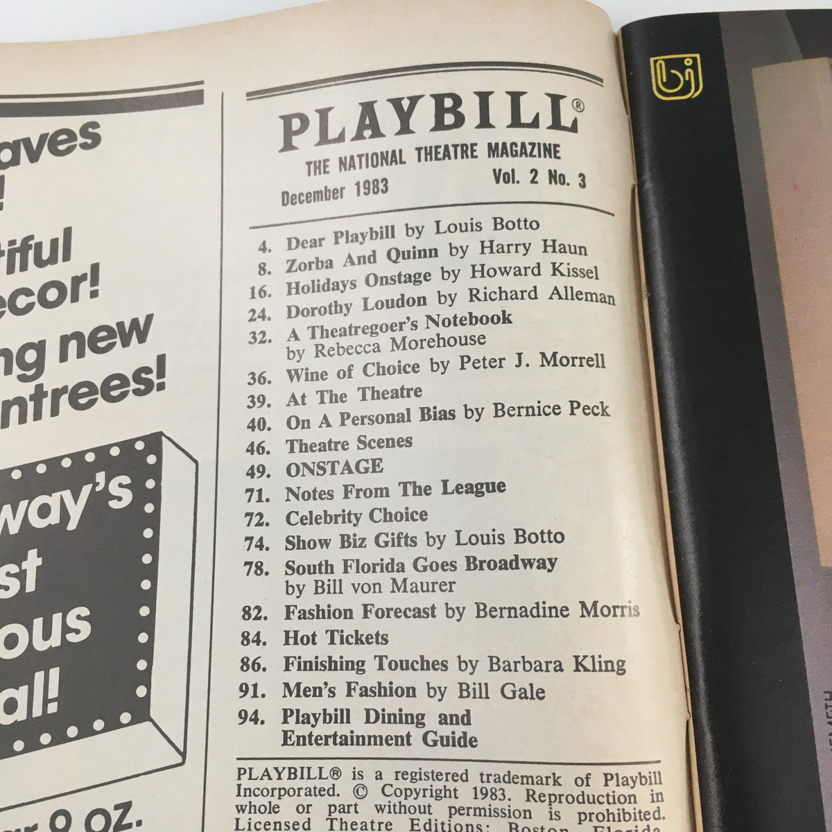 Interior view of the December 1983 Playbill highlighting various articles and listings, including details about the Biltmore Theatre's 'Doonesbury' production.
