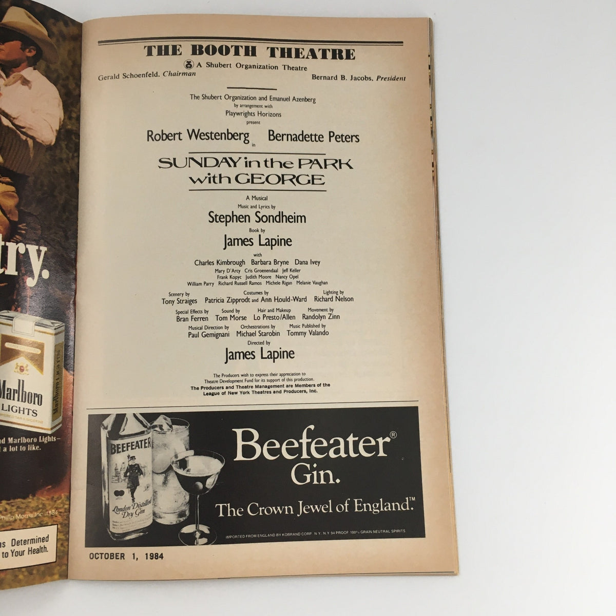 Another interior page of the 1984 Playbill for Sunday in the Park with George, featuring cast and crew credits along with promotional content.