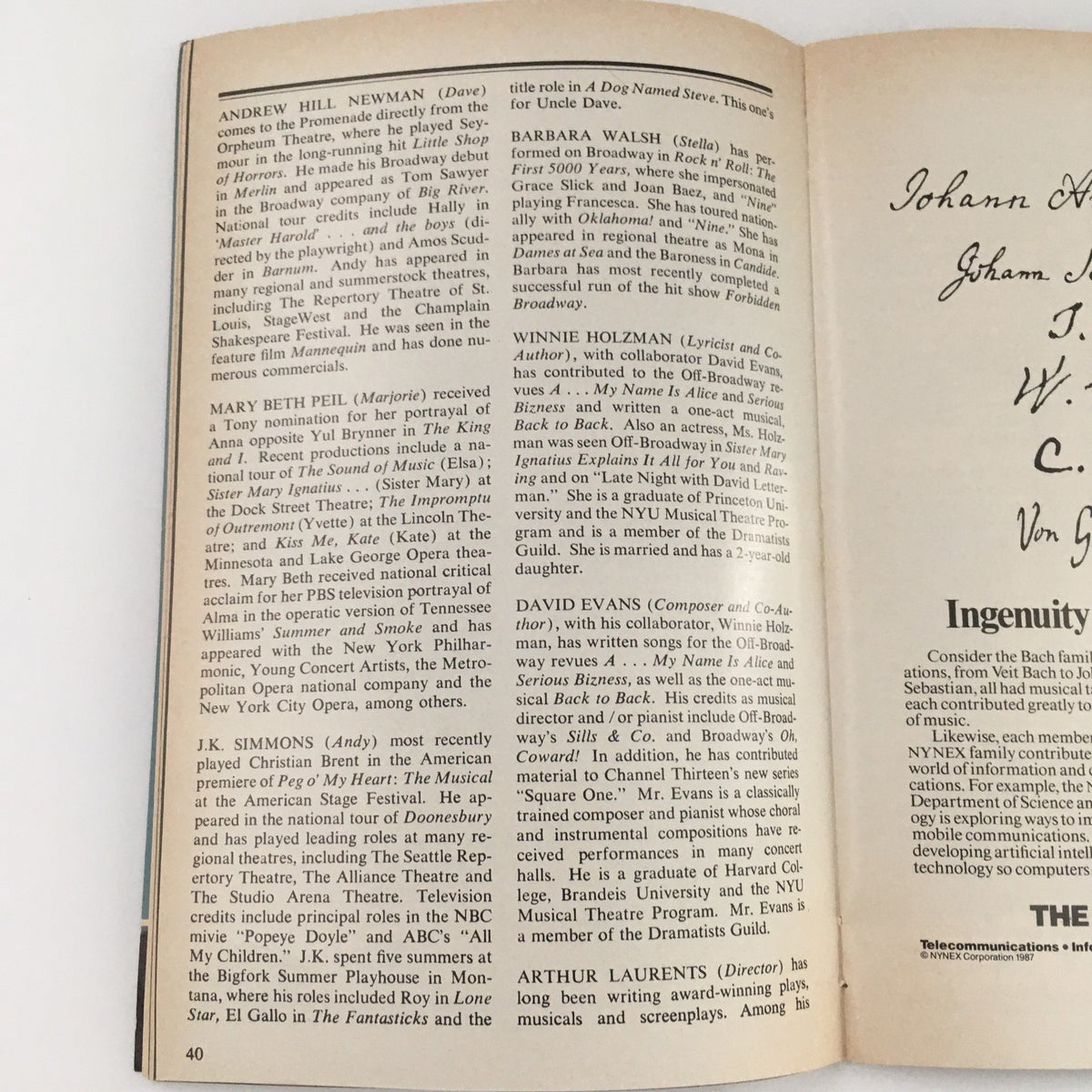 1987 Playbill for 'Birds of Paradise' featuring biographical details of cast members Andrew Hill Newman, Mary Beth Peil, and J.K. Simmons, celebrating theatrical achievements.