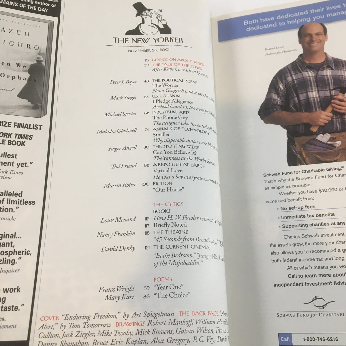 Contents page of The New Yorker November 26, 2001 issue, including article titles and contributors, reflecting the publication's commentary during a pivotal time in American history.
