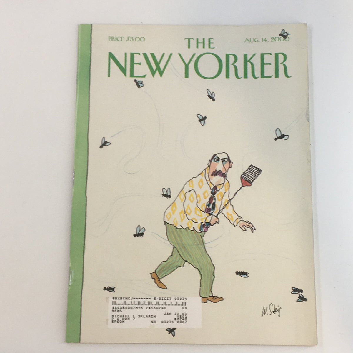 Cover of The New Yorker Full Magazine August 14 2000 featuring artwork by William Steig, depicting a man surrounded by flies with a fly swatter.