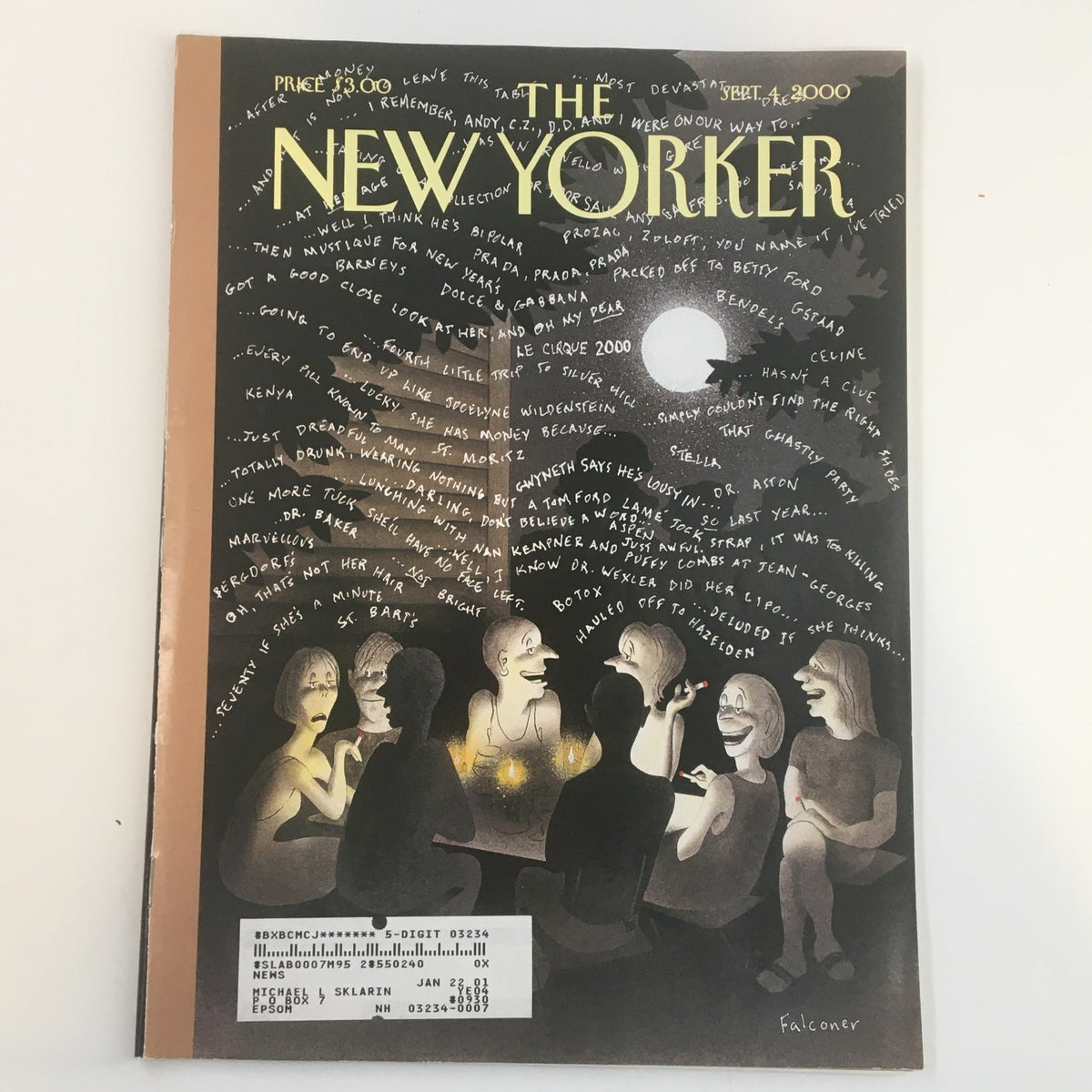 Cover of The New Yorker Full Magazine September 4, 2000 featuring the illustration 'Country Living' by Ian Falconer, showcasing a whimsical nighttime scene with animated characters.