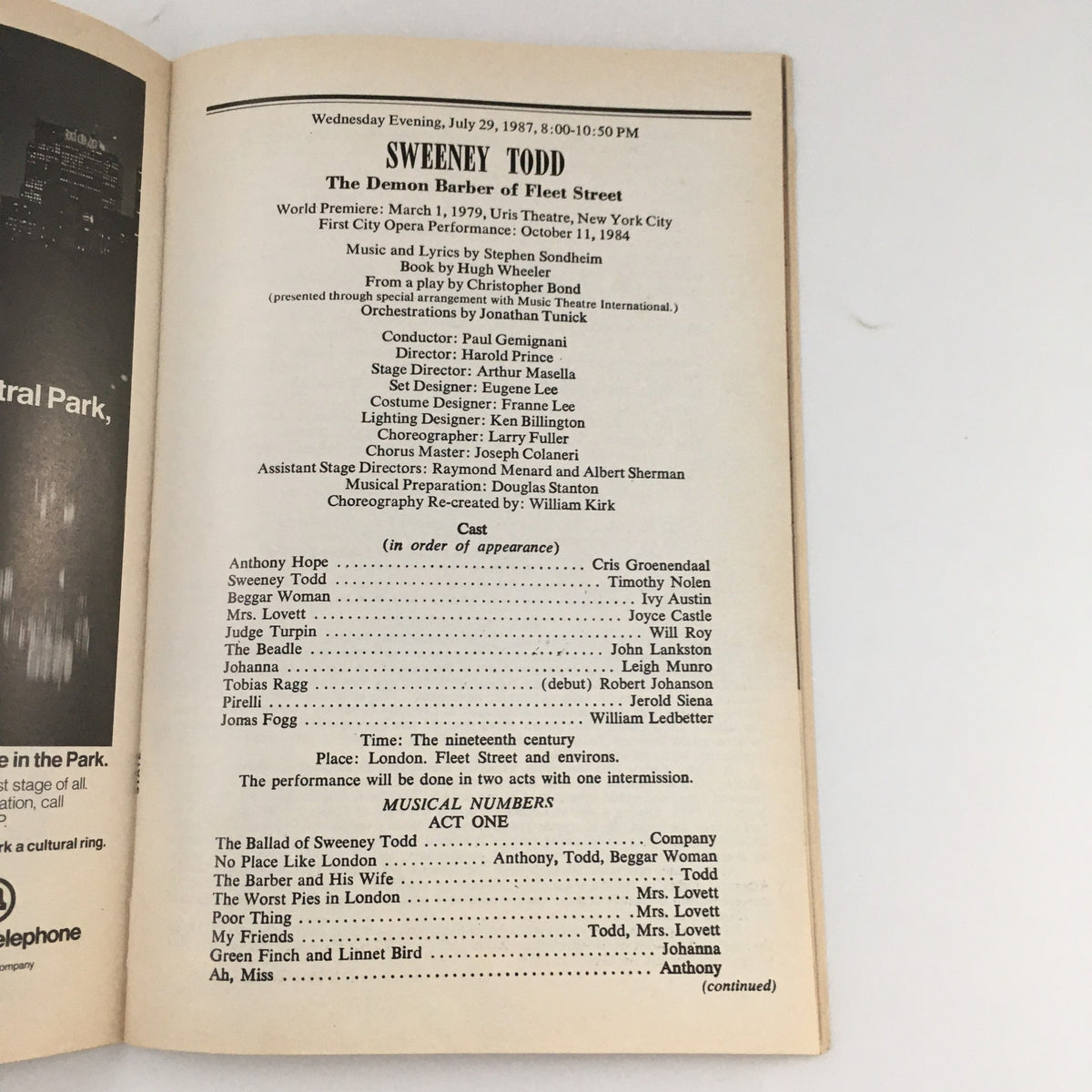 Inside page of the 1987 NY City Opera program for 'Sweeney Todd,' detailing the cast and musical numbers, enhancing the historical context of the performance.