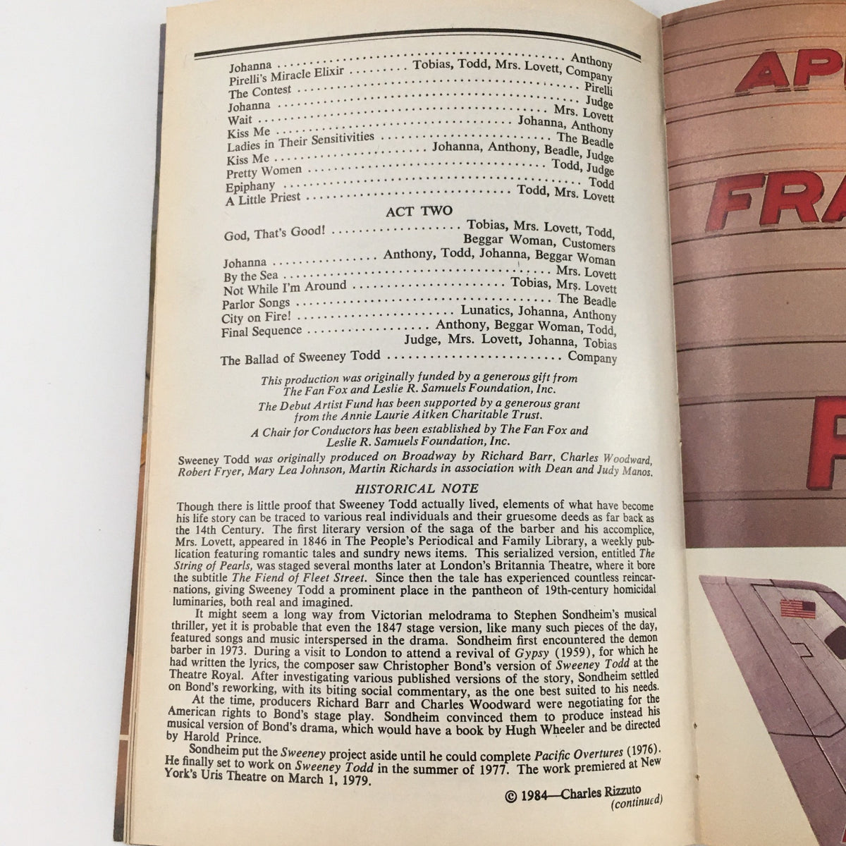 Historical notes and additional information from the 1987 NY City Opera program for 'Sweeney Todd,' discussing the play's origins and its place in theatre history.