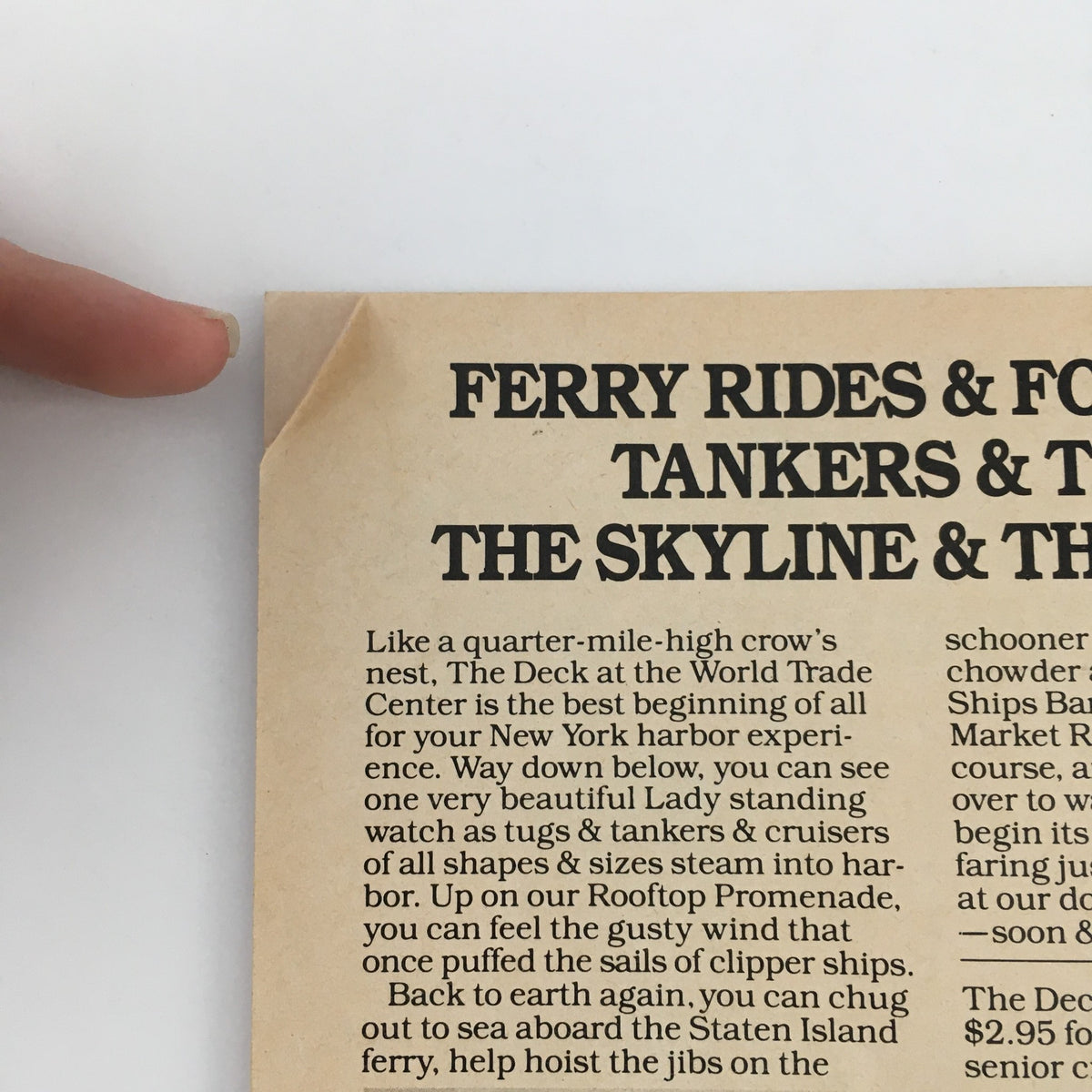 Page from the 1987 NY City Opera program for 'Sweeney Todd' featuring promotional content about ferry rides and New York City skyline views, highlighting the cultural setting of the performance.
