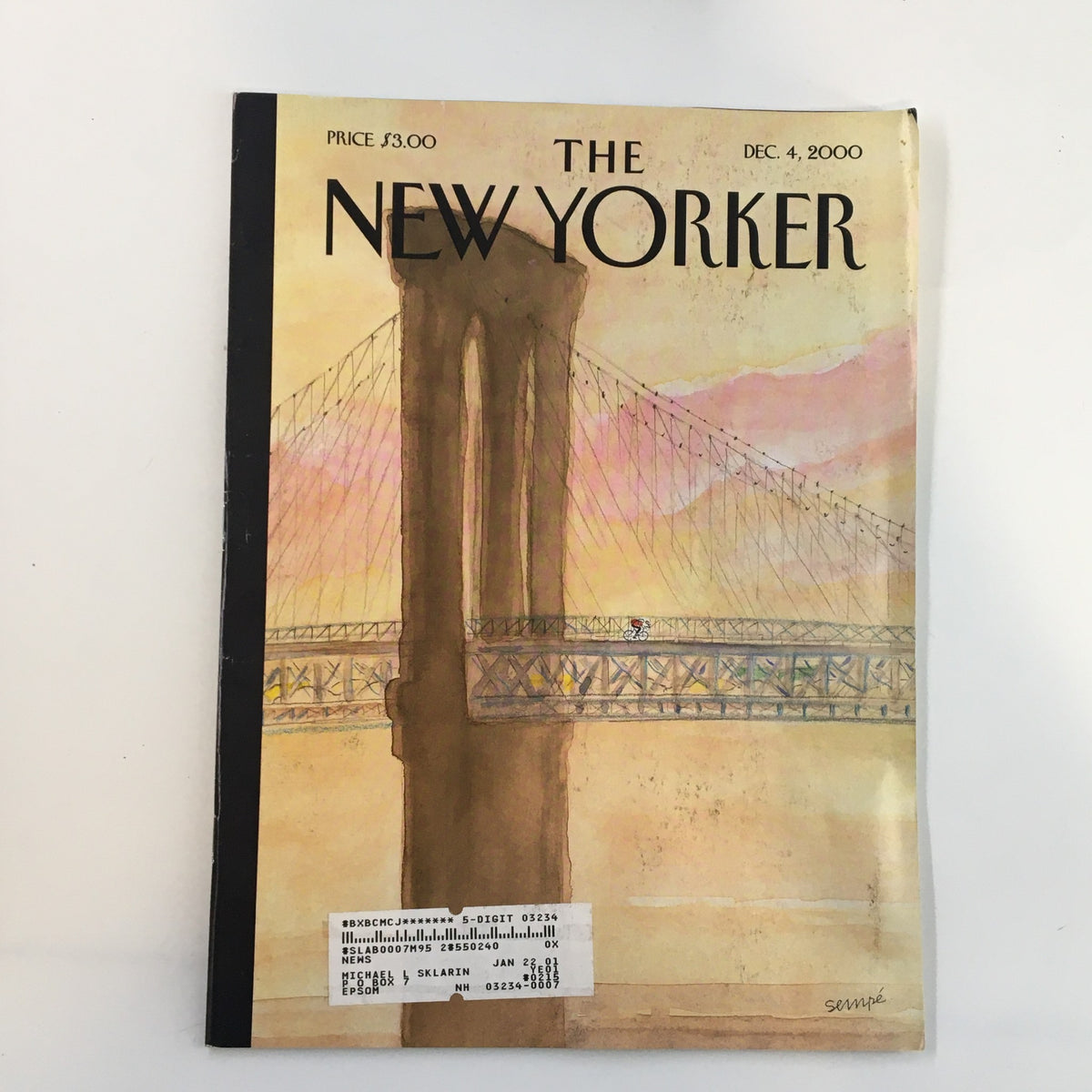 The New Yorker Full Magazine December 4 2000 cover illustration by J.J. Sempe featuring a picturesque view of the Brooklyn Bridge.