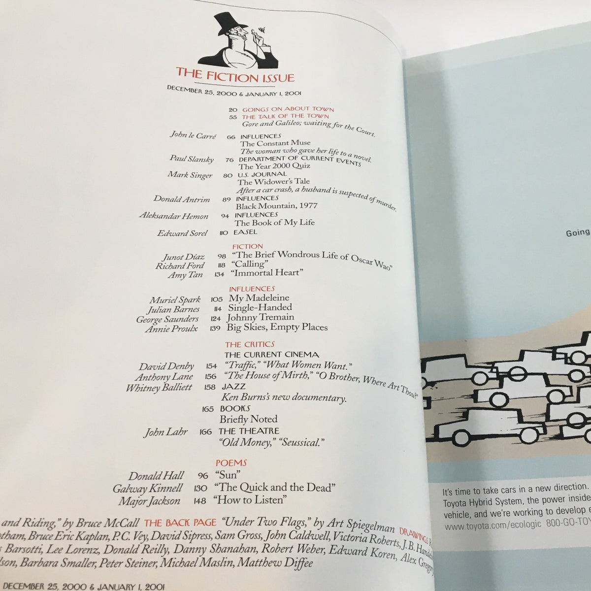 The New Yorker Full Magazine December 25 2000 interior page showing the contents list, emphasizing its fiction issue and notable articles.