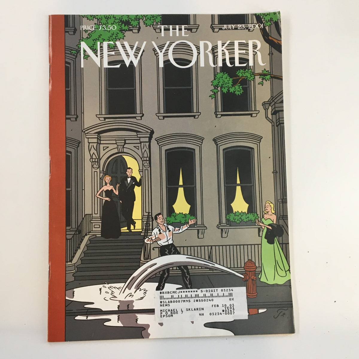 Cover of The New Yorker Full Magazine July 23 2001 featuring Upper West Side Story by Floc'h, showcasing elegant characters outside a stylish New York brownstone.
