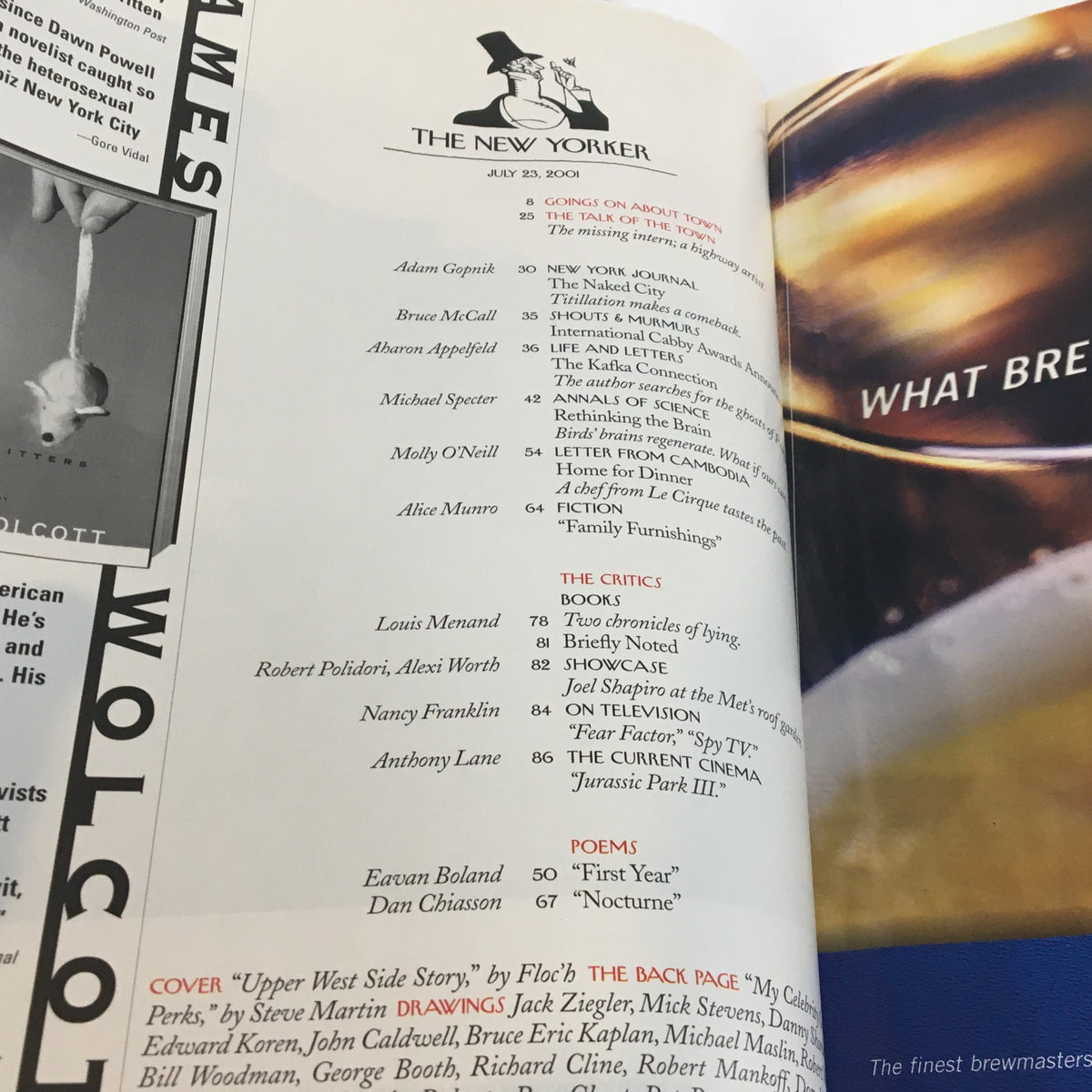 Interior page of The New Yorker Full Magazine July 23 2001, displaying the contents section with articles, including highlights from the issue and contributor credits.