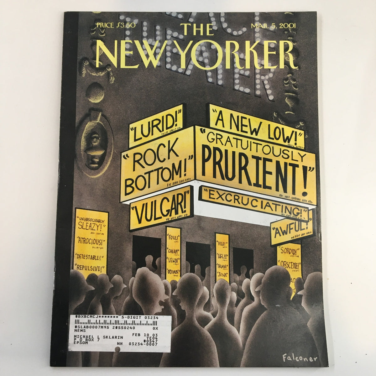 Cover of The New Yorker Full Magazine from March 5, 2001, featuring the cover story 'A New Low' by Ian Falconer, with bold graphics and captions addressing societal issues.