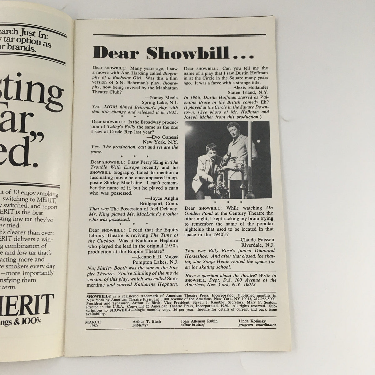 Dear Showbill article from the 1980 Showbill Manhattan Theatre Club for 'Dusa, Fish, Stas & Vi' featuring Laura Esterman. The page includes performance details and acknowledgments.