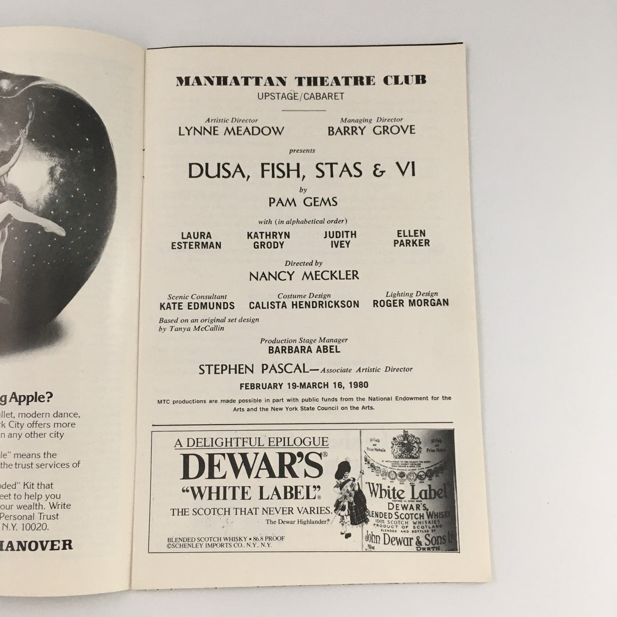 Manhattan Theatre Club page featuring 'Dusa, Fish, Stas & Vi' performance details and cast members, including Laura Esterman. The layout contains promotional information.