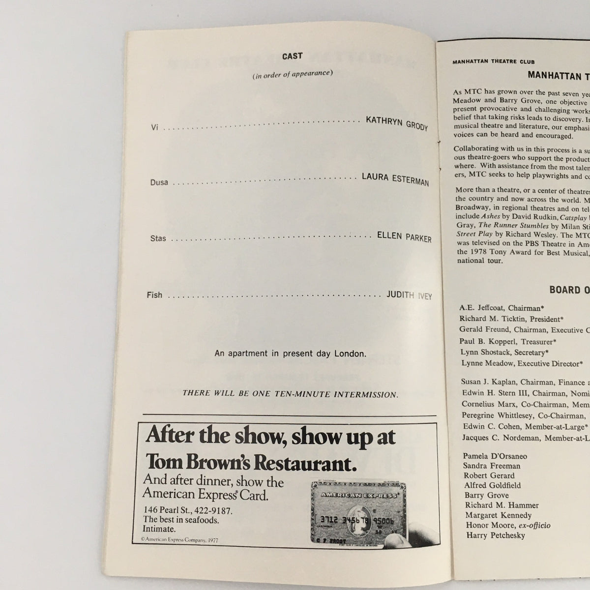 Cast information for the play 'Dusa, Fish, Stas & Vi' at the Manhattan Theatre Club, including roles played by Laura Esterman and her fellow cast members.