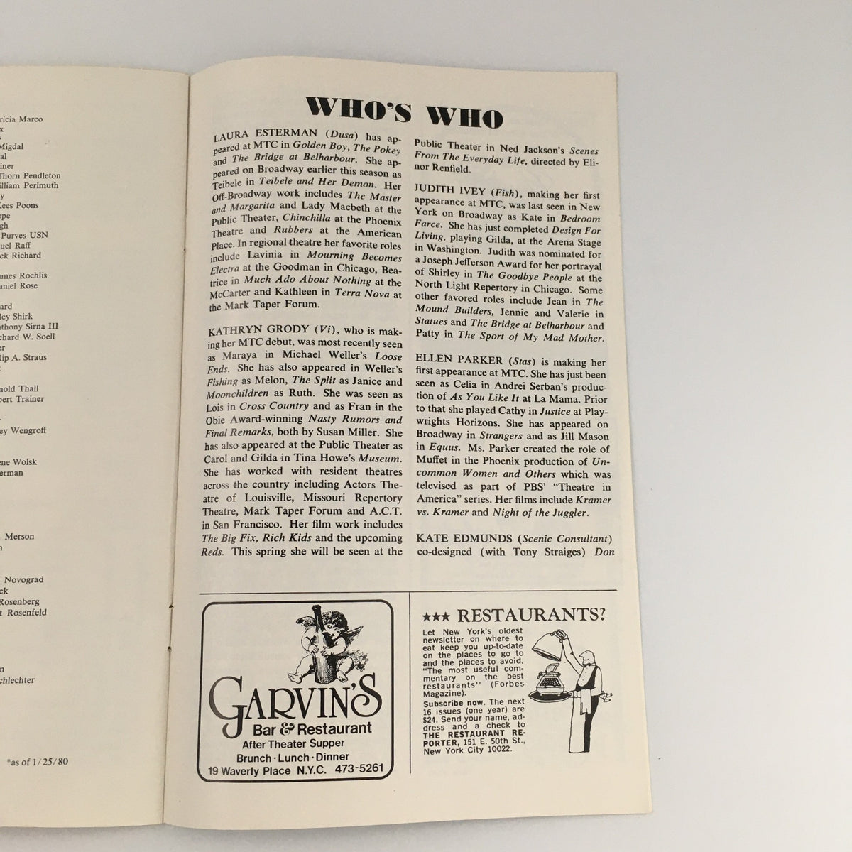 Biographical section titled 'Who's Who' for the production 'Dusa, Fish, Stas & Vi' at the Manhattan Theatre Club, highlighting Laura Esterman's role.