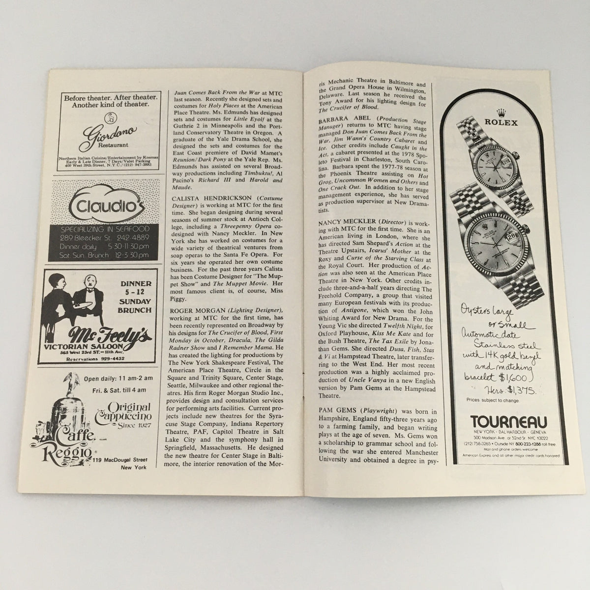 Promotional advertisement for restaurants featured in the 1980 Showbill of the Manhattan Theatre Club, which includes 'Dusa, Fish, Stas & Vi' starring Laura Esterman.