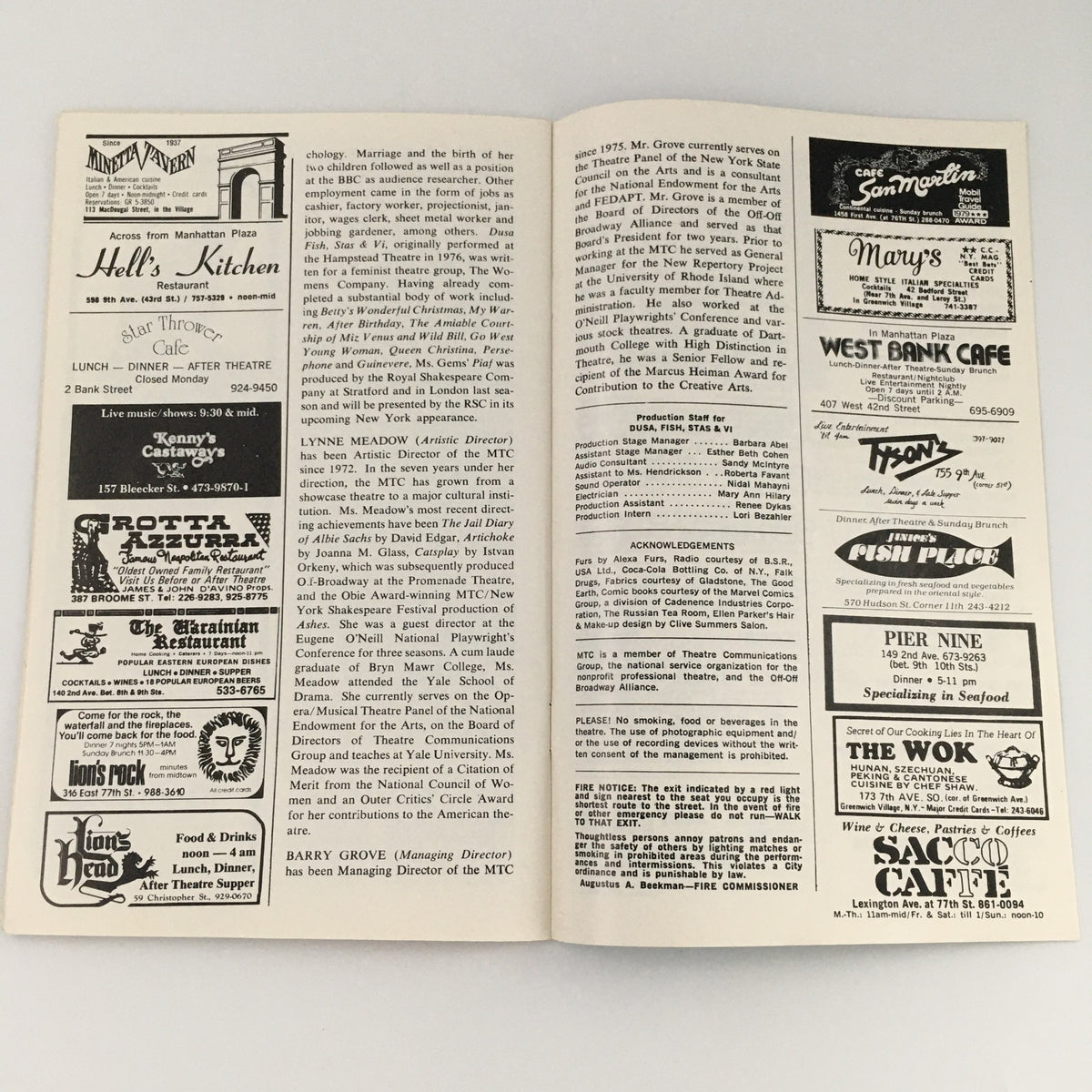 Inside view of the 1980 showbill for Manhattan Theatre Club's 'Dusa, Fish, Stas & Vi' featuring advertisements for local restaurants and businesses such as Hell's Kitchen and Kotzebue's.