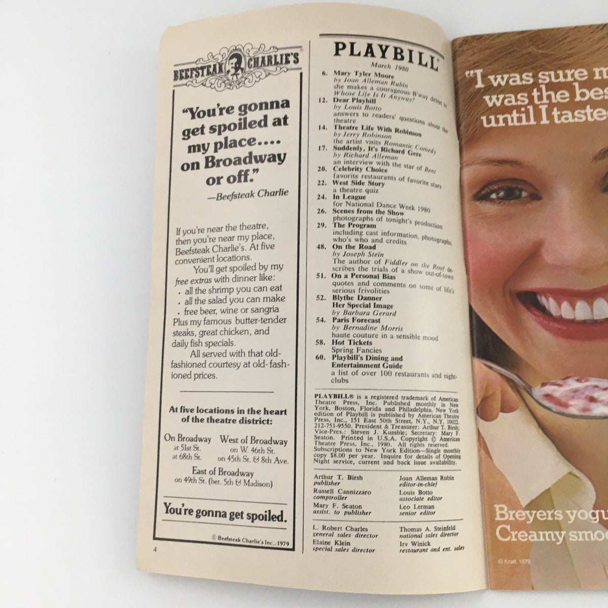 Interior page of the 1980 Playbill for Talley's Folly, featuring advertisements and promotions for Broadway shows, enhancing the theatre experience.